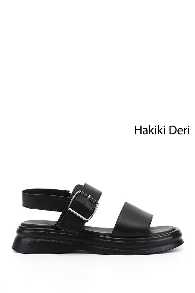 Women's Black Buckle-Strapped Genuine Leather Sandals