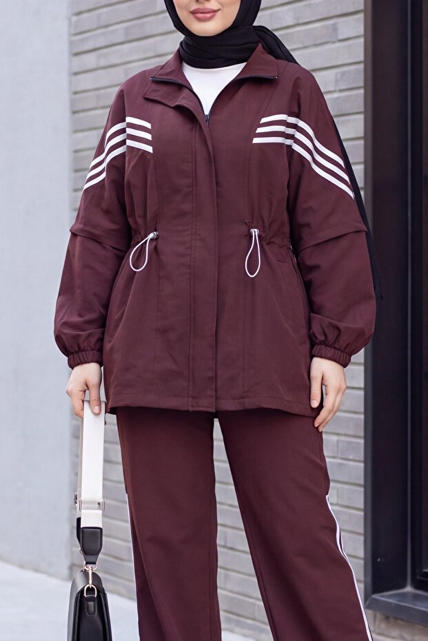 High Collar Striped Suit with Elastic Sleeves and Waist, Zipper Closure - Dark Burgundy