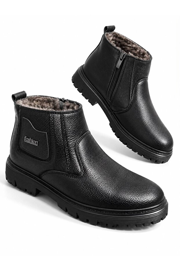 Furry Guaranteed Rubber Sole Men's Black Guaranteed Daily Cold and Waterproof Comfortable Ankle Boots