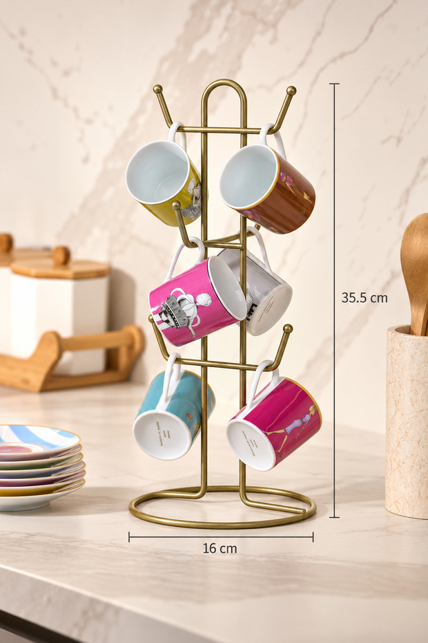 Matte Gold 6 Compartment Cup Hanger Mug Cup Organizer Countertop Stainless Metal