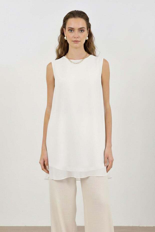 Women's Sleeveless Tulle Detailed Undergarment Tunic - 10270Tun Ecru