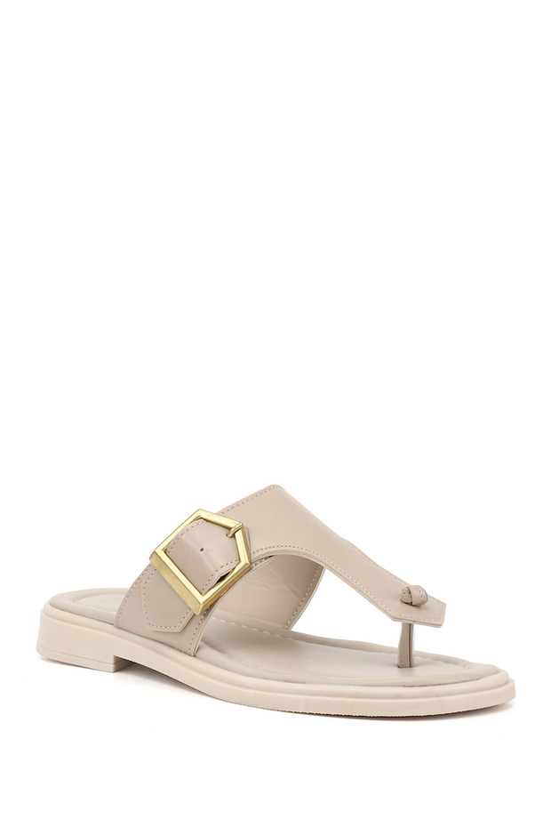 Women's Beige Flip Flops Buckled Casual Slipper