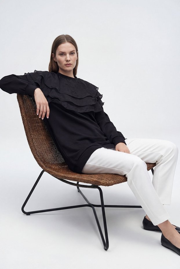 Women's Layered Ruffle Detailed Long Tunic – 10770Tun Black
