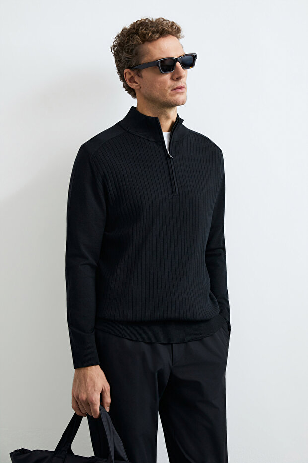 Asher Zippered High Neck Knitwear Sweater Black