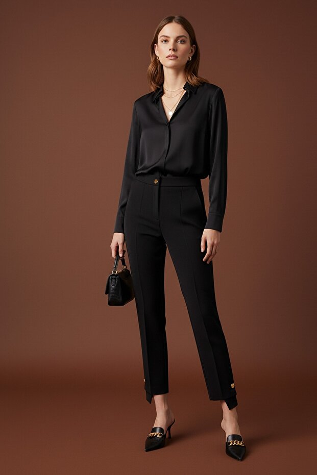 Women's Fabric Trousers with Button Detail -18277Pnt Black