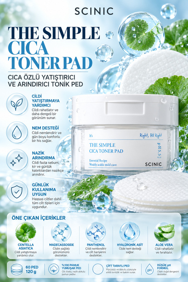The Simple Cica Toner Pad Cica Extract Soothing and Purifying Tonic Pad 60 Pieces 120g