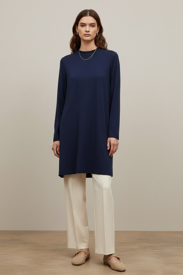 Women's Straight Cut Long Sleeve Tunic - 40021Tun Navy Blue