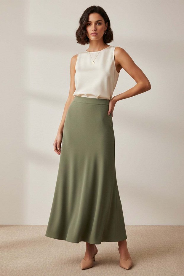 Women's High-Waisted Long A-Line Fabric Skirt - 18291ETK Khaki