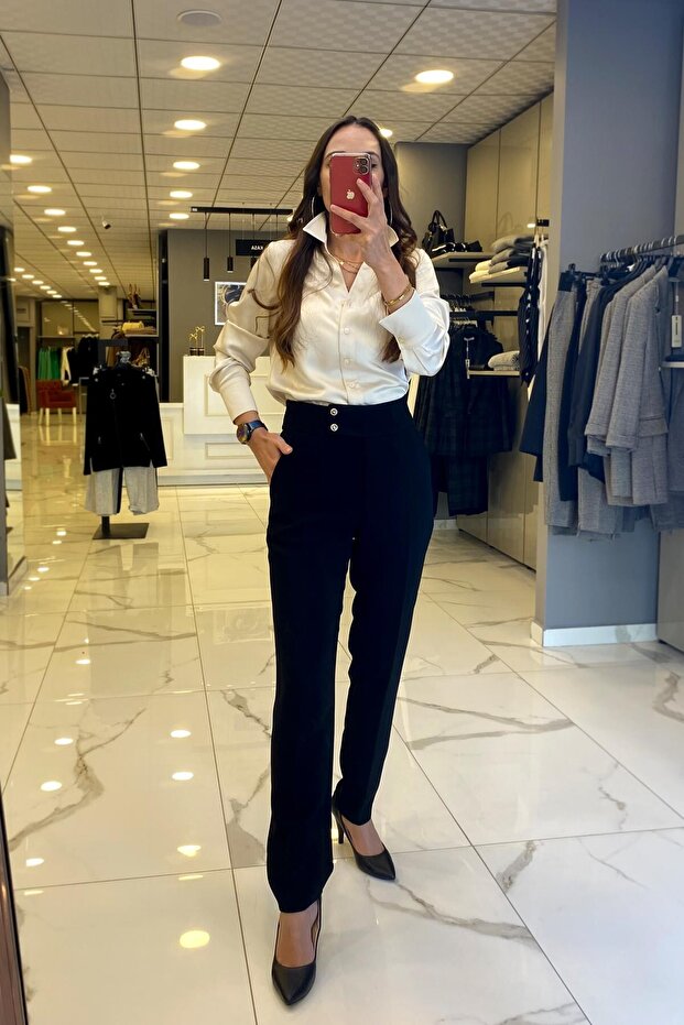 Ekol Black Buttoned Pocket Detailed Skinny Leg Trousers