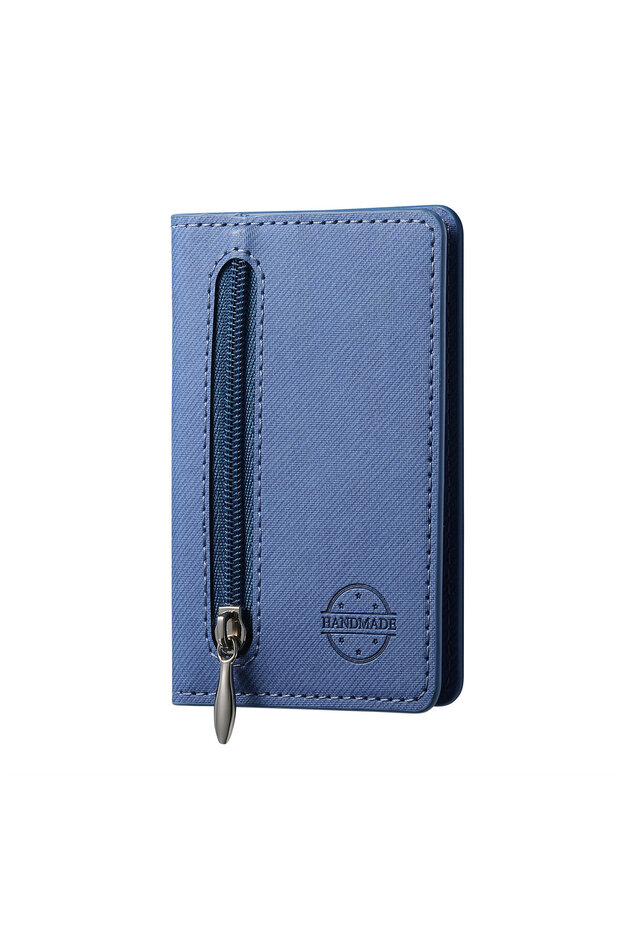 Blue Mobile Phone Case Card Holder With PU Leather Back Sticker Card Bag Portable Zipper Wallet Stan
