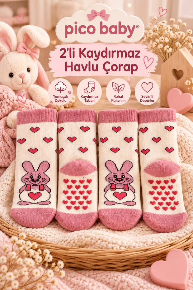Towel Kids & Baby Socks / 2-Piece Premium Anti-Slip Sole / Rabbit Pattern