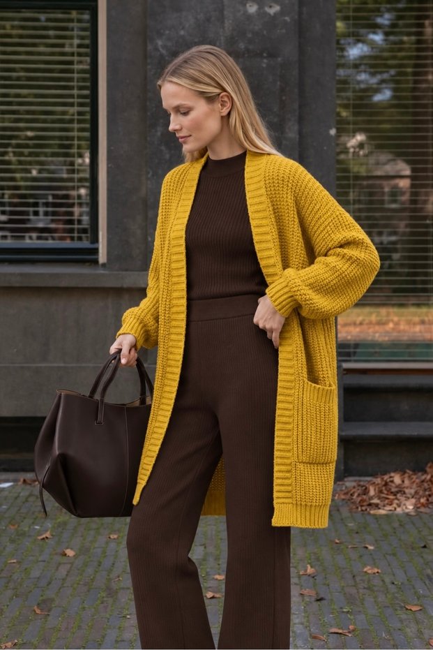 Women's Long Oversized Thick Knit - Soft Casual Sweater Cardigan – with Pockets – Mustard