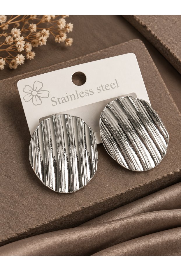 Brass Silver Color Dangle Embroidered Circle Plate Model Women's Earrings