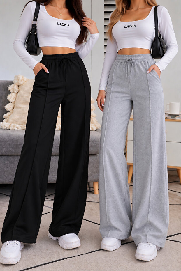 Sweatpants 2 Pieces Black Gray Wide Leg Comfortable Fit Ironed Stripes on the Front