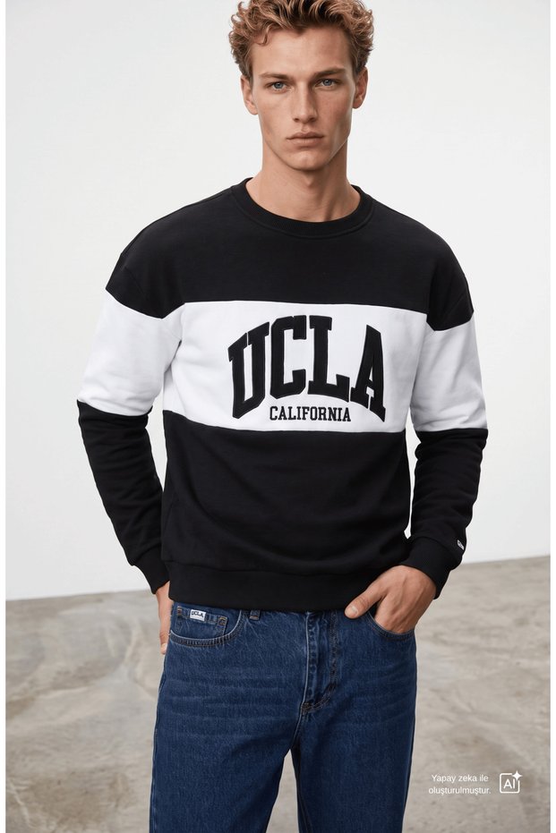 Archer Black Crew Neck Embroidered Loose Fit Men's Sweatshirt