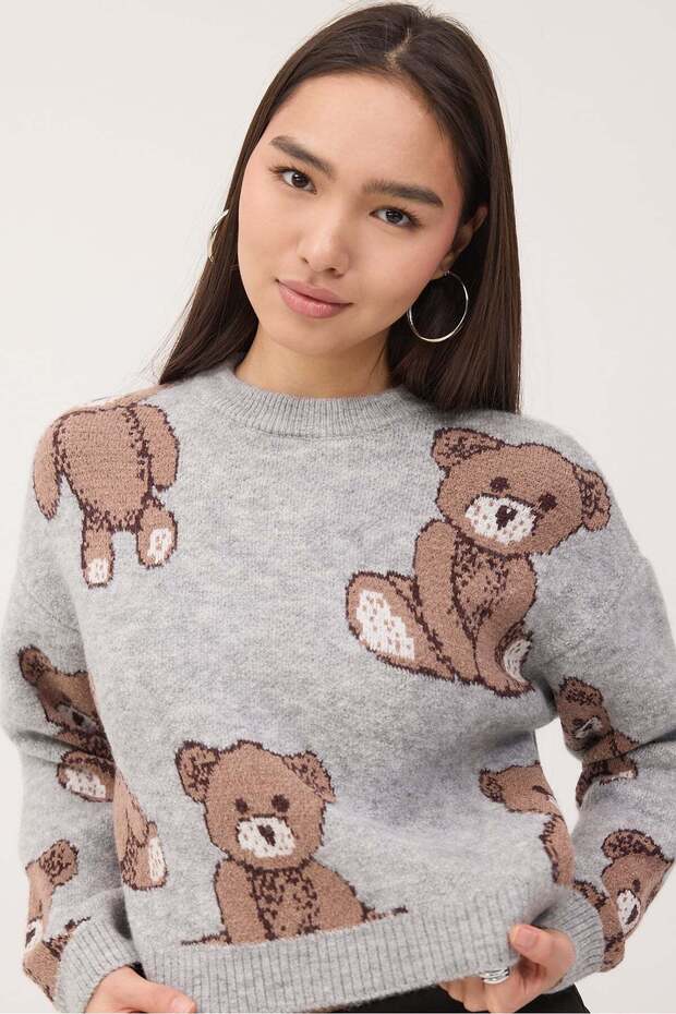 Crew Neck Teddy Bear Patterned Sweater K3447-B6