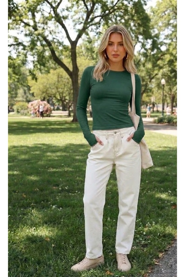 Green Round Neck Blouse Oversize Body Darkalıp Soft Touch Cotton Ribbed Toe Detailed Blouse