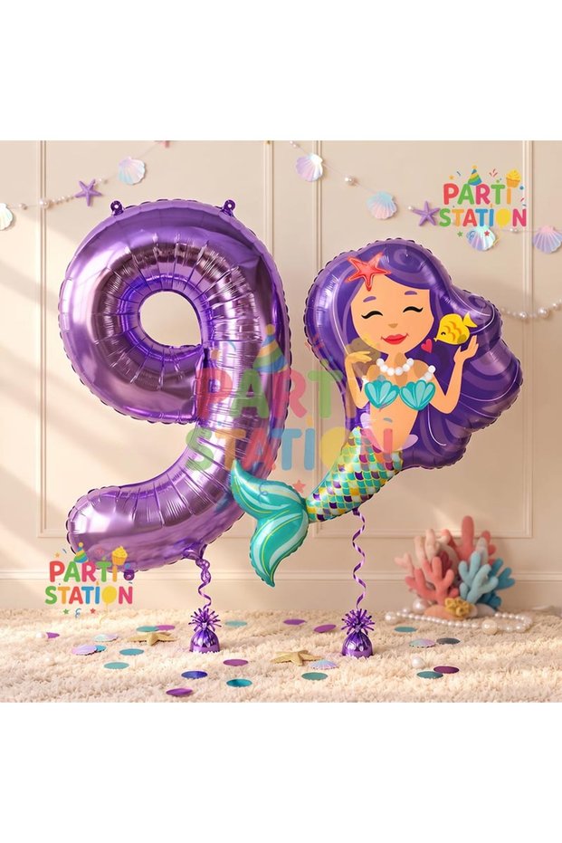 Mermaid 9th Birthday Balloon and Purple Number Balloon Birthday Party Balloon Set