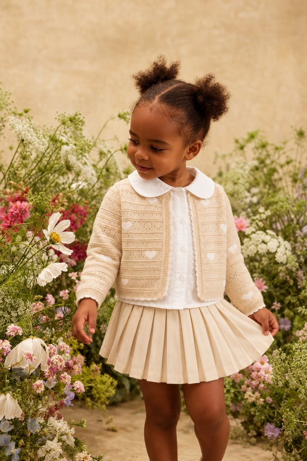 Rocha Girl's Beige Heart Knit Cardigan with Pleated Skirt 3-Piece Set - Stylish Combination with Pearls and Shirt