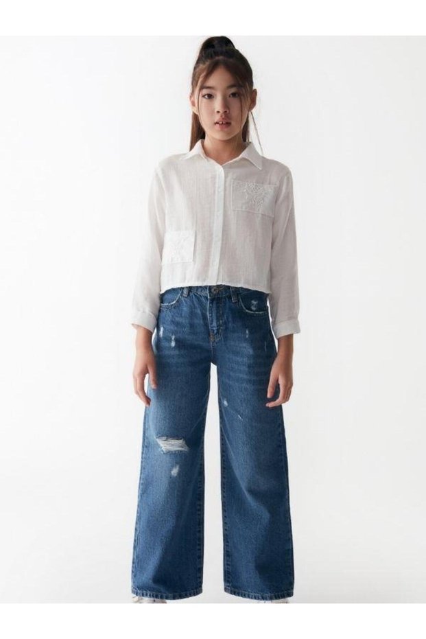Girl's Ripped Detailed Wide Leg Jeans
