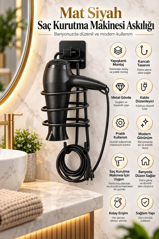 Black Square Adhesive Hook Blow Dryer Hanger Blow Dryer Holder