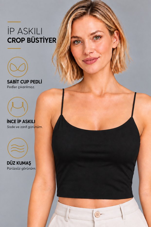 Women's Black Rope Strap Crop Athlete Top with Chest Pads, Flexible Fit Crop Top Bustier