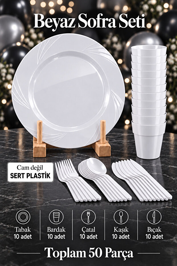 50-Piece Luxury Hard Plastic Party Birthday Presentation Invitation Engagement Promise Plate Cup Fork Spoon Knife Set