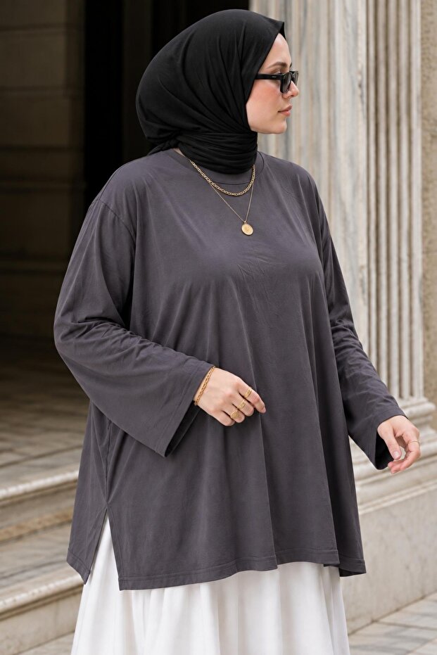 Lavinya Women's Plus Size Oversize Long Sleeve Combed Cotton Blouse Smoked