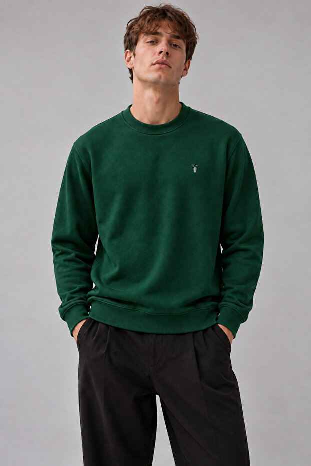 Dark Green Color Men's Crew Neck Sweatshirt