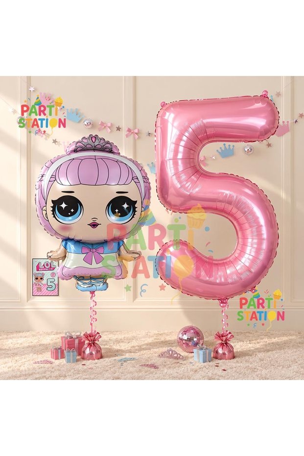 Princess LOL Doll 5 Years Old Balloon and Pink Number Balloon Birthday Party Set