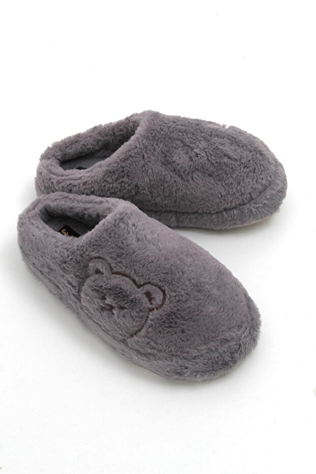 Gray Plush Textured Lightweight Closed-Front Comfortable Form House Slippers with Teddy Bear Embroidery Detail