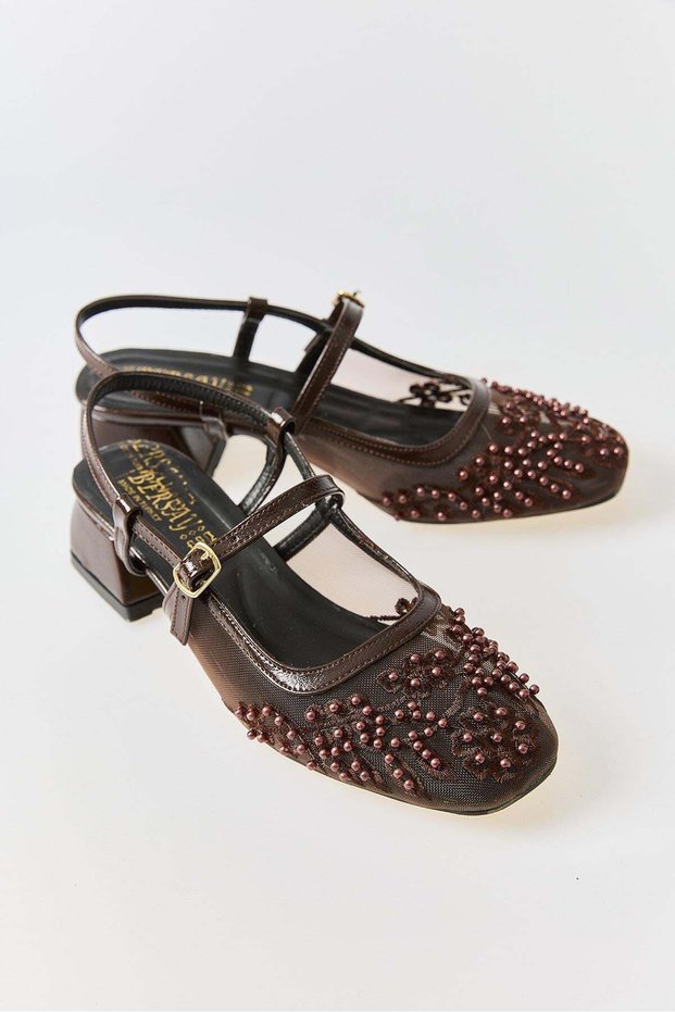 Brown Embroidered and Beaded Detailed Square Heeled Comfortable Evening Dress Shoes