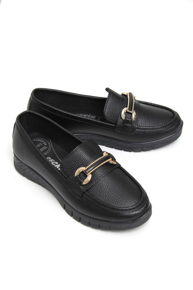 Black Leather Look Textured Wedge Heels with Metal Accessory Detail, Comfortable Fit Casual Shoes