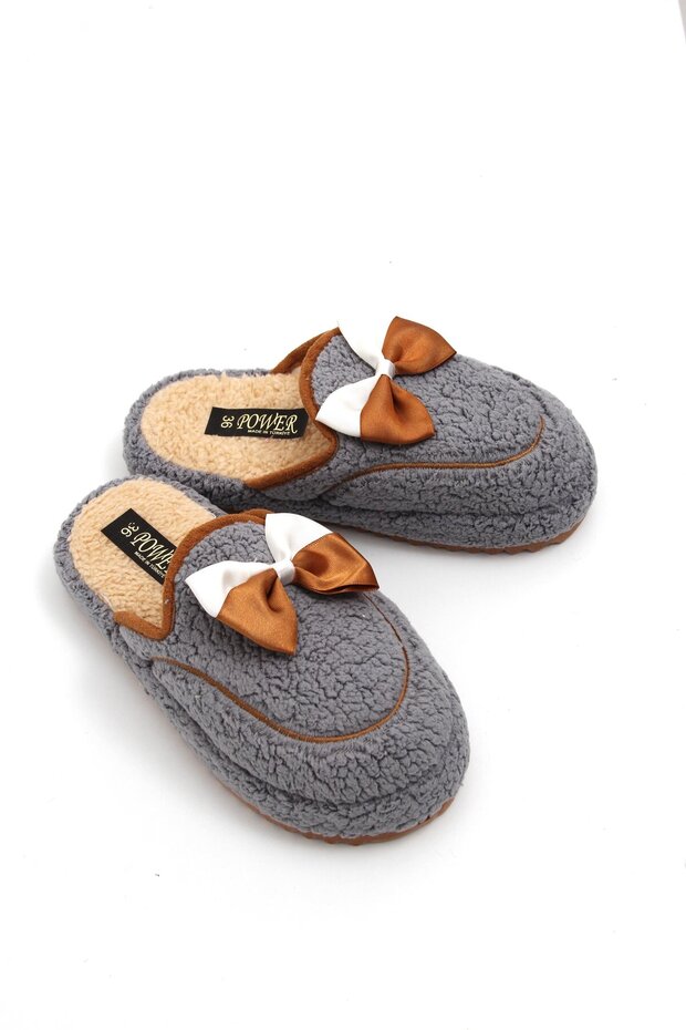 Smoked Soft Plush Textured Practical Daily Comfort Home Slippers with Ribbon Accessories