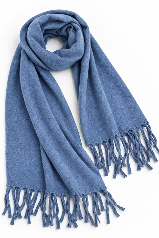 Indigo Boucle Textured Soft Formed Long Shawl with Knitted Tassel Detail on the Edge and Plain Pattern