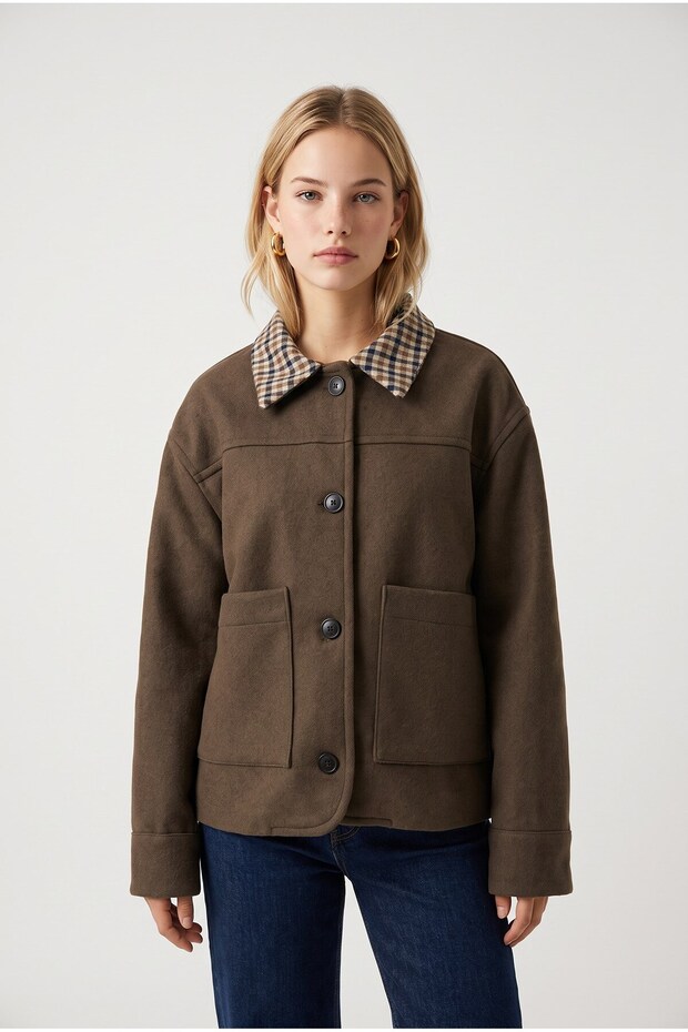 Coffee Brown Textured Plaid Collar Detailed Off-Shoulder Buttoned Double Pocket Relaxed Fit Jacket