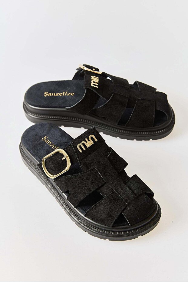 Black Suede Textured Comfortable Sole Cage Sandals with Buckle Detail, Suitable for Daily Use