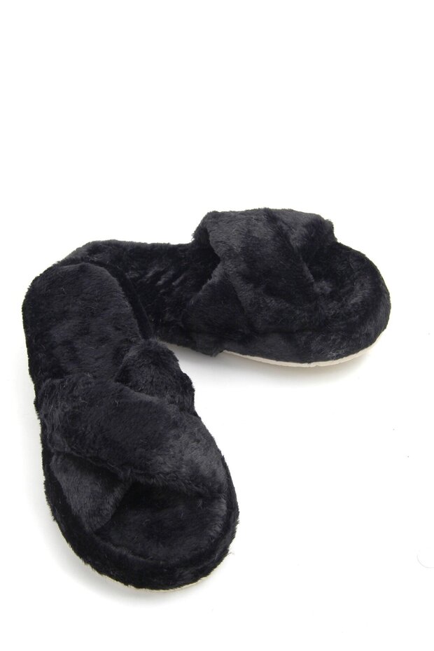 Black Fluffy Textured Open-Front Cross-Strapped Comfortable Soft Home Slippers for Daily Use