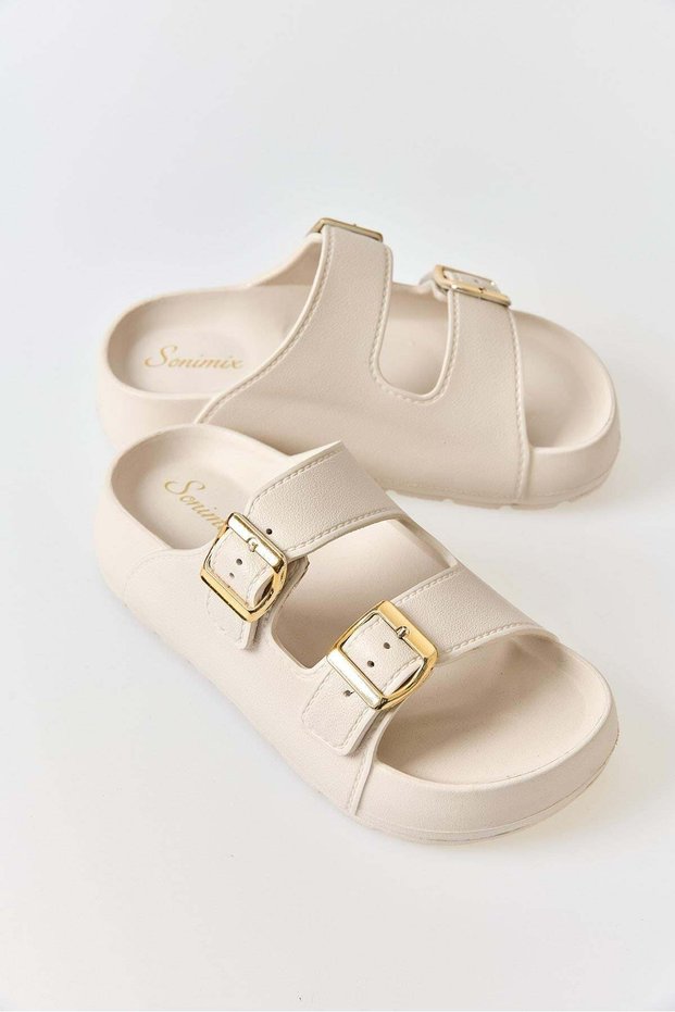 Cream-Colored, Soft-Textured, Flexible, Non-Slip Sole, Open Front, Two Buckle Details, Daily Slippers.