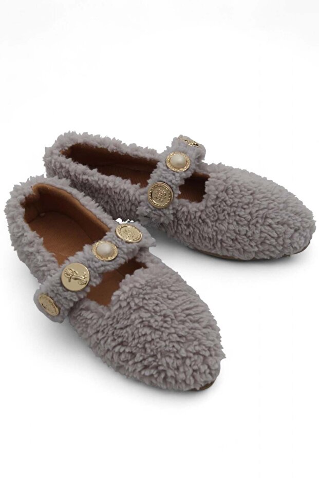 Gray Plush Texture Single Strap Gold Accessory Detailed Home Shoes Suitable for Daily Use