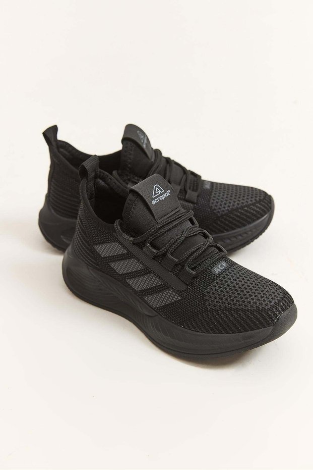 Black Mesh Textured Comfortable Insole Lace-Up High Sole Casual Sports Shoes
