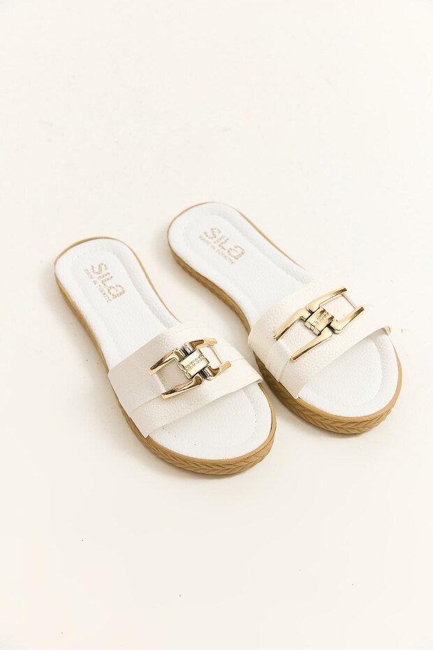 White Textured Comfortable Sole with Gold Color Buckle Accessories Thick Band Daily Slippers
