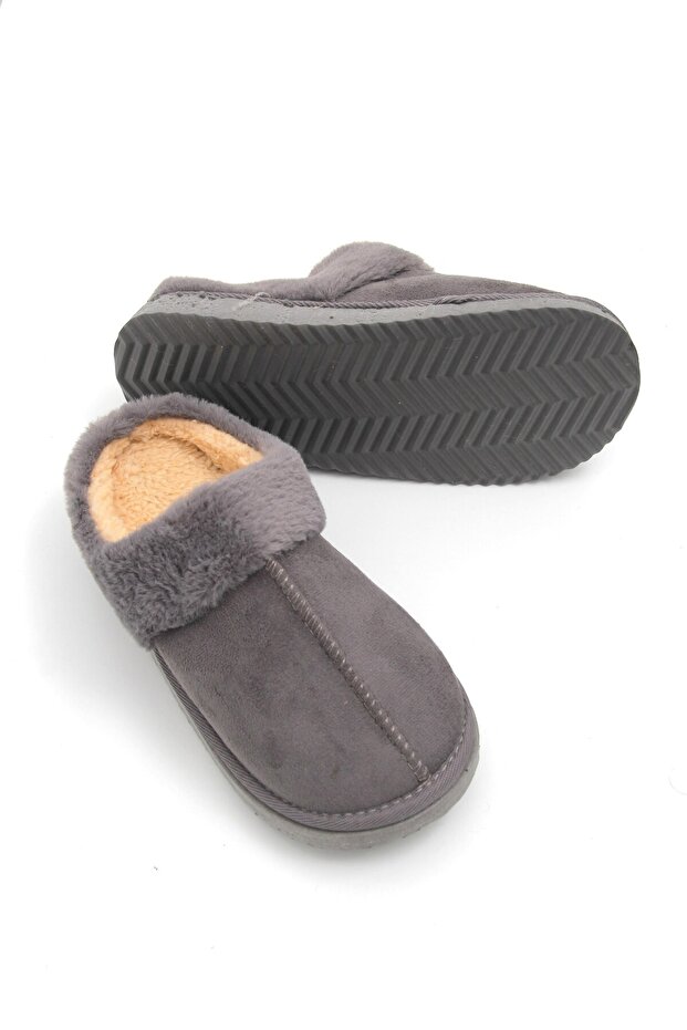 Gray Nubuck Textured Soft Wool Inside, Warm and Comfortable Daily Use Home Slippers