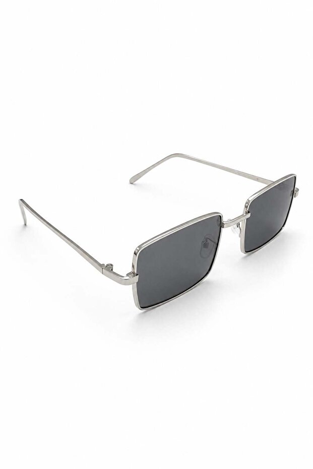 Black Metallic Textured Rectangular Shape Silver Thin Frame Classic Glass Sunglasses