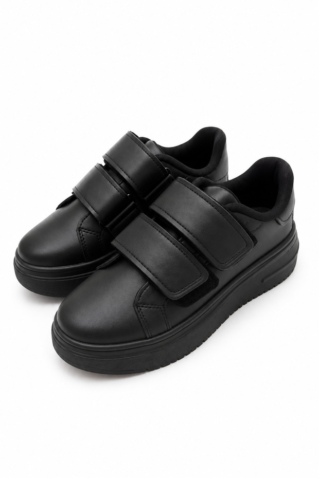 Black Velcro Double-Strapped Detailed Six-Centimeter Thick Sole Sports Shoes
