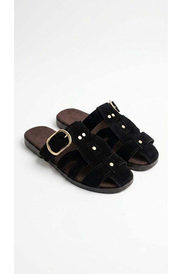 Black Suede Textured Thin Sole Closed Toe Non-Slip Sole Daily Use Slippers