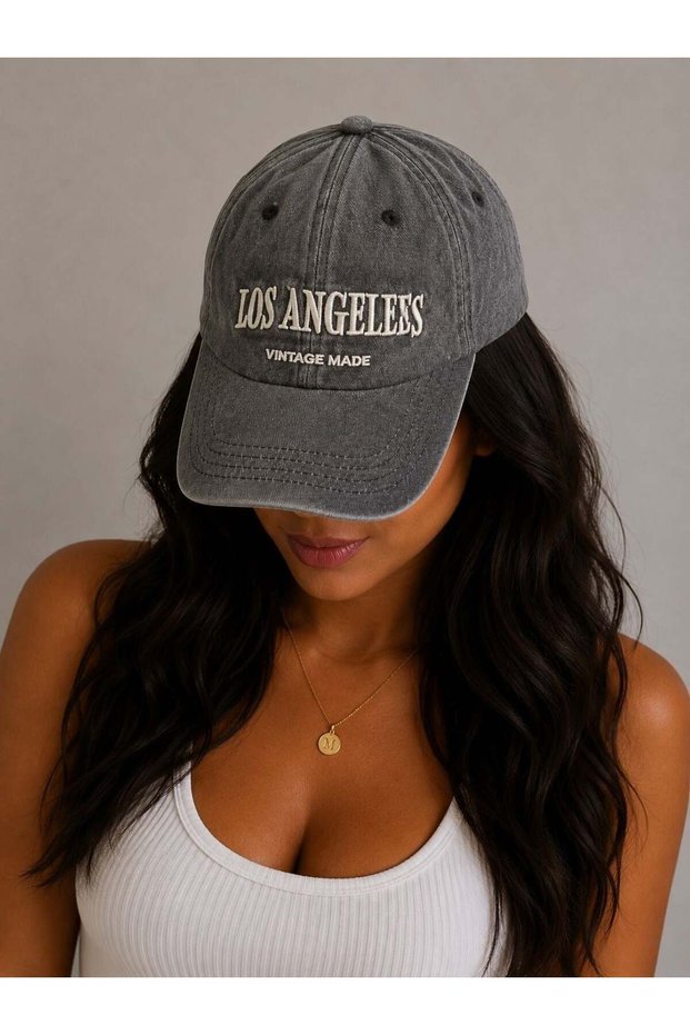 Anthracite Denim Washed Adjustable Hat with Vintage Look and Embroidery Detail Featuring Los Angeles Lettering