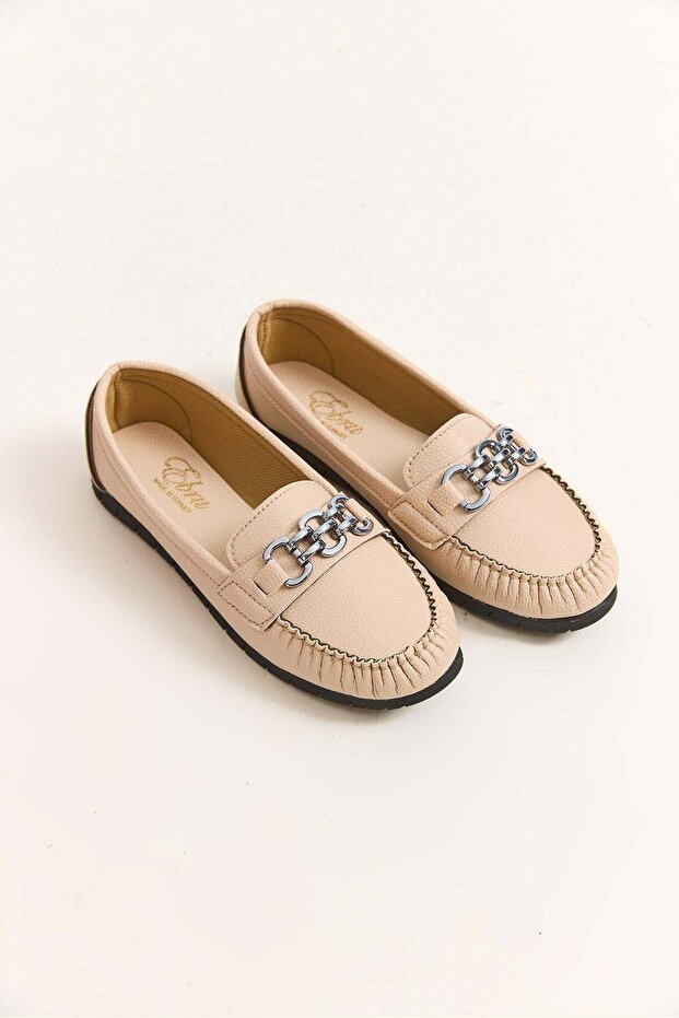 Beige Flexible Sole Comfortable Form Casual Shoes with Metal Accessory Detail