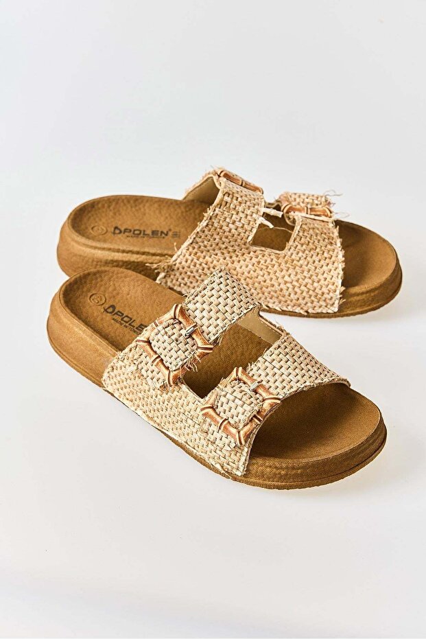 Beige Straw Textured Fringe Detailed Double-Strapped Anatomical Non-Slip Sole Slippers