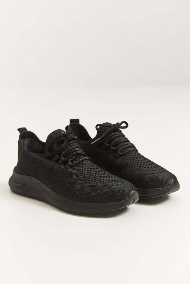 Black Knitted Textured Comfortable Sole Lace-Up Simple Design Sports Shoes Suitable for Daily Use